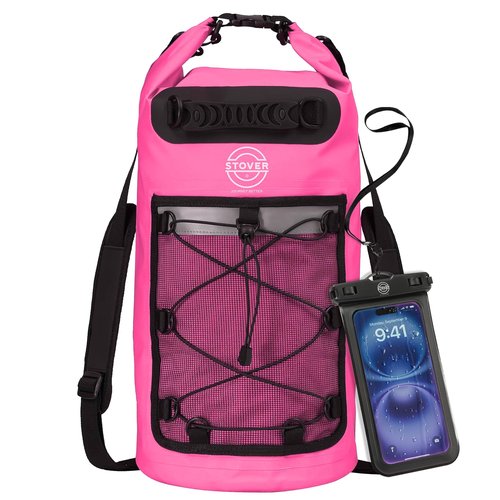 STOVER 5/10/25/30/40/55L Waterproof Dry Backpack & Phone Case- Medium Floating Dry Bag for Kayaking, Travel, Hiking, Fishing, Camping, Motorcycles & Beach, Heavy-Duty Roll Top Men/Women (Pink)