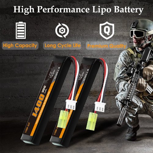 VICMILE Airsoft Battery 1400mAh 7.4V Lipo Battery with Tamiya Plug 30C High Discharge Rate Rechargeable 2S Lipo Battery for Airsoft Model Guns