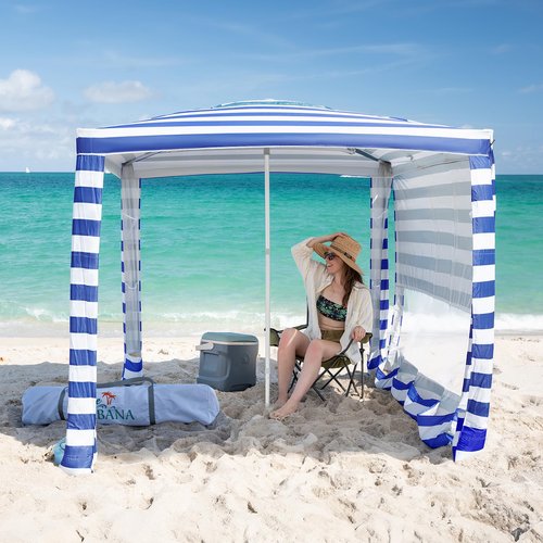 CROWN SHADES Beach Cabana 6.5 x 6.5, Umbrella Canopy Tent Easy Pop Up - Beach Cabanas for Sand - UPF50+ Protection with Sidewall and More Pockets, Navy Blue