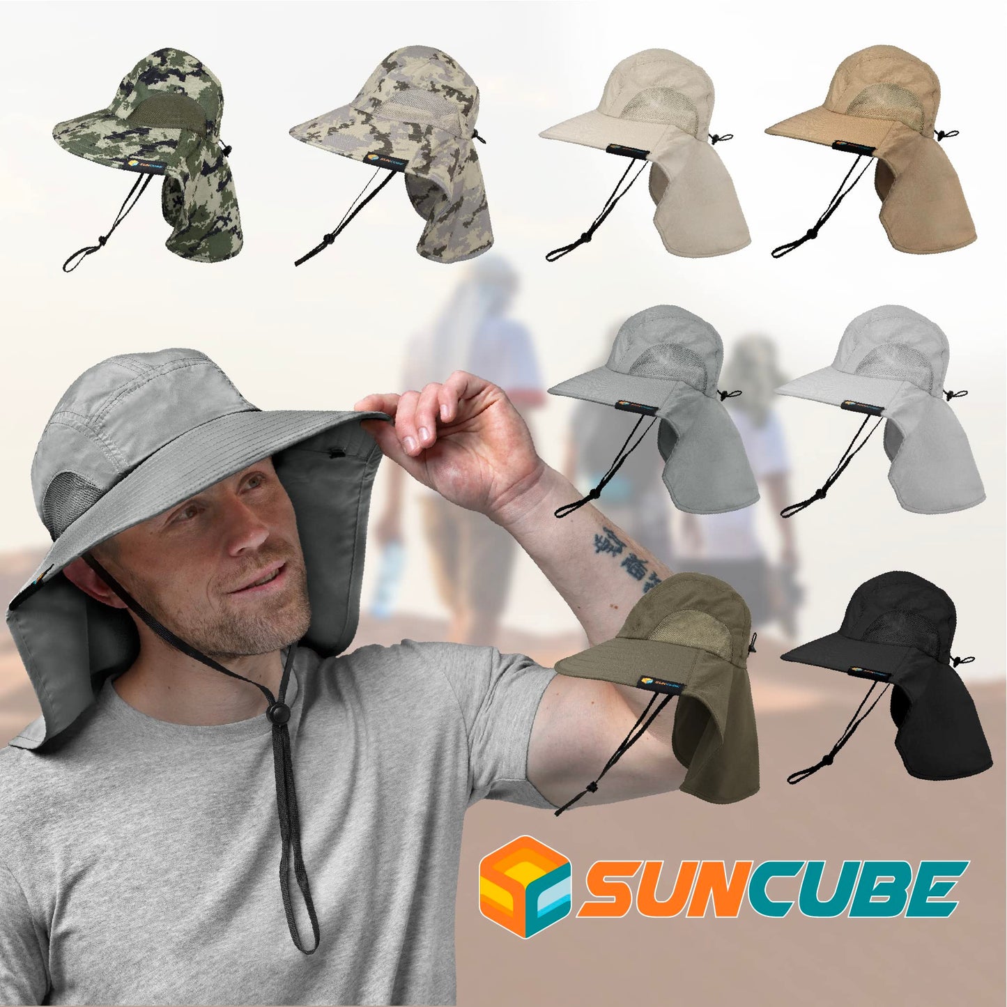 SUN CUBE Wide Brim Sun Hat with Neck Flap for Men Women Fishing, Light Gray