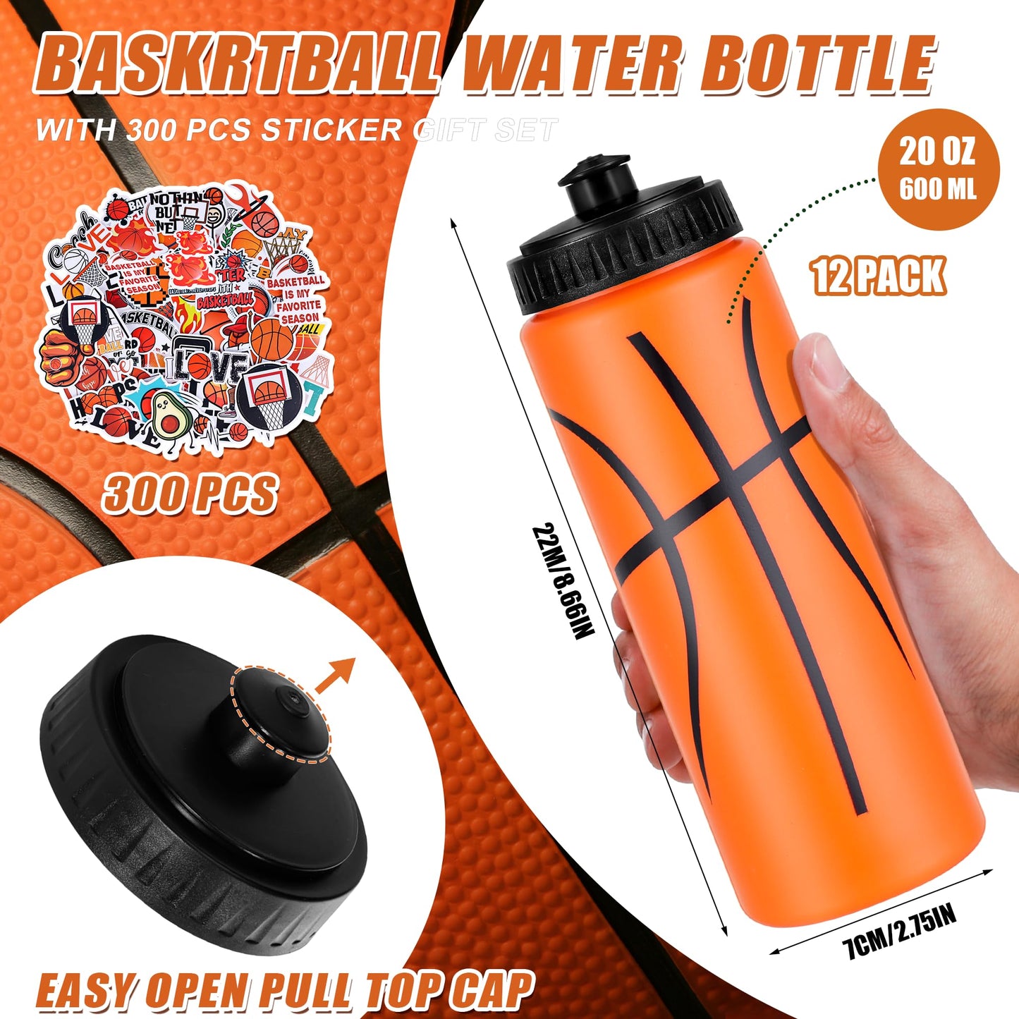 DI QIU REN 12pcs 20oz Basketball Water Plastic Bottle with 300 PCS Stickers
