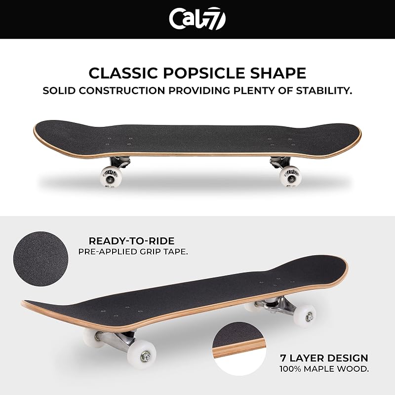 7.75" Complete Standard Skateboard Deck – 7-Ply Maple, 99A Wheels, 5" Trucks, ABEC 7 Bearings, Pre-Applied Grip Tape