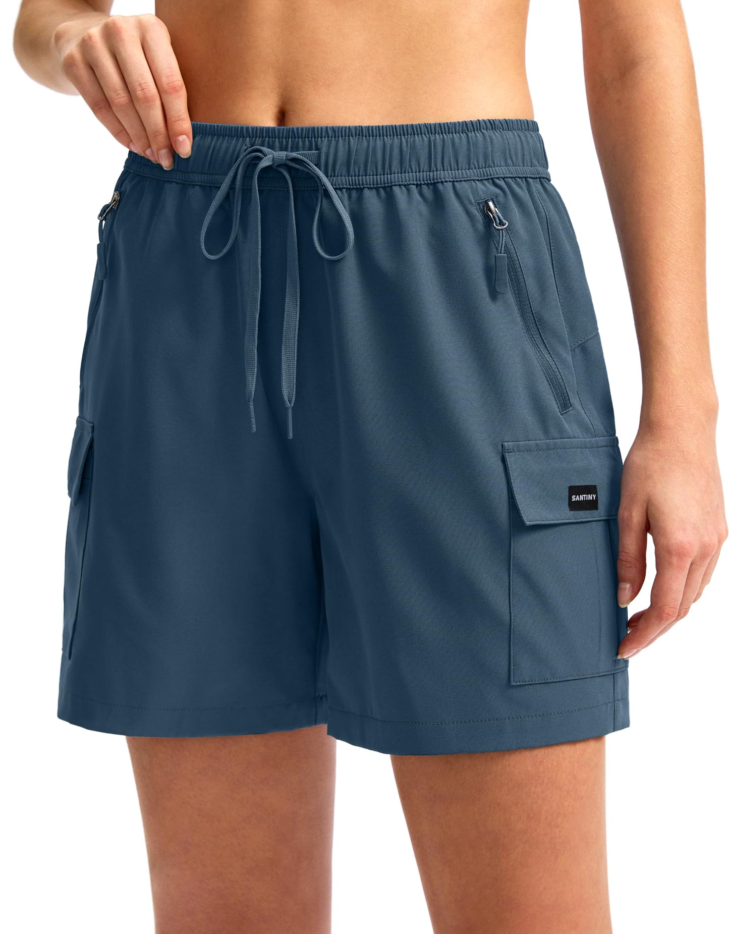 SANTINY Women's 5''/ 7'' Hiking Cargo Shorts Quick Dry Lightweight Summer Shorts for Women Athletic Golf Zipper Pockets(Dusty Blue_L)