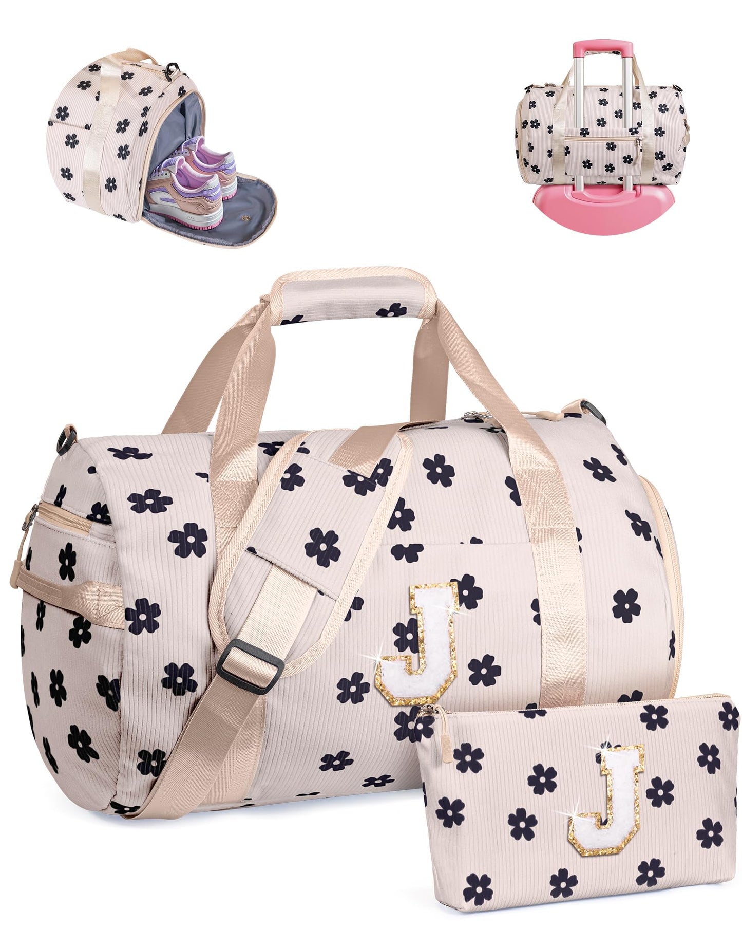 Vogewood Gift for 3 Year Old Girl, Girls Gym Bag, Kids Personalized Overnight Duffel Bags with Shoe Compartment, Customized Travel Duffle with Toiletry Bag, Holiday Gift for Teens (Letter J)