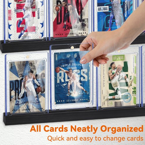 Famaster Sports Card Display Shelf for Wall, Holds 20 Trading Cards, 4PCS Wooden Card Holder for Baseball, Football, Basketball, and Graded Card Collection, Black