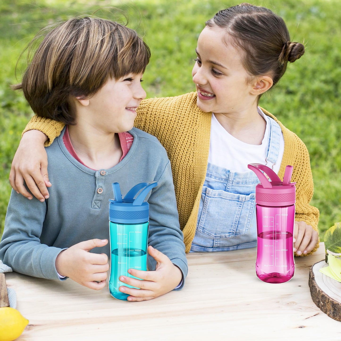 Edmyre 14oz Clear Kids Water Bottle with Straw Lid, BPA-Free Tritan, Measurement Scale, Sturdy Handle Wide Mouth Leak-proof Reusable Plastic Bottle for Boy& Girls, Back to School(Blue)