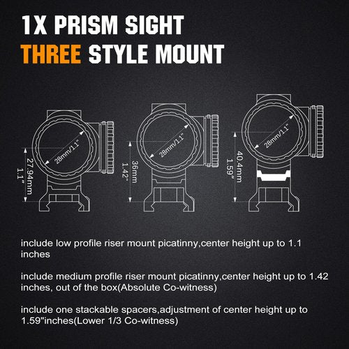 ohhunt 1X Prism Scope 2 MOA Circle Dot Red Green Retical Sight Three Style Mount Low Profile Absolute Co-Witness Lower 1/3 Co-Witness