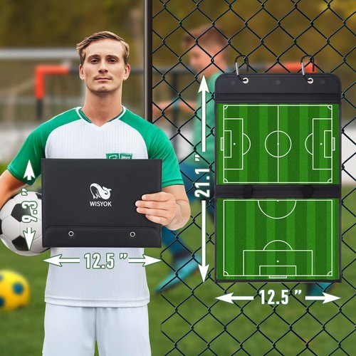 WISYOK Leather Covered Magnetic Soccer Lineup Board, Foldable and Portable Clipboard for Coaches with 48 Cards, 2 Markers, 4 Hooks and 1 Organizer Bag