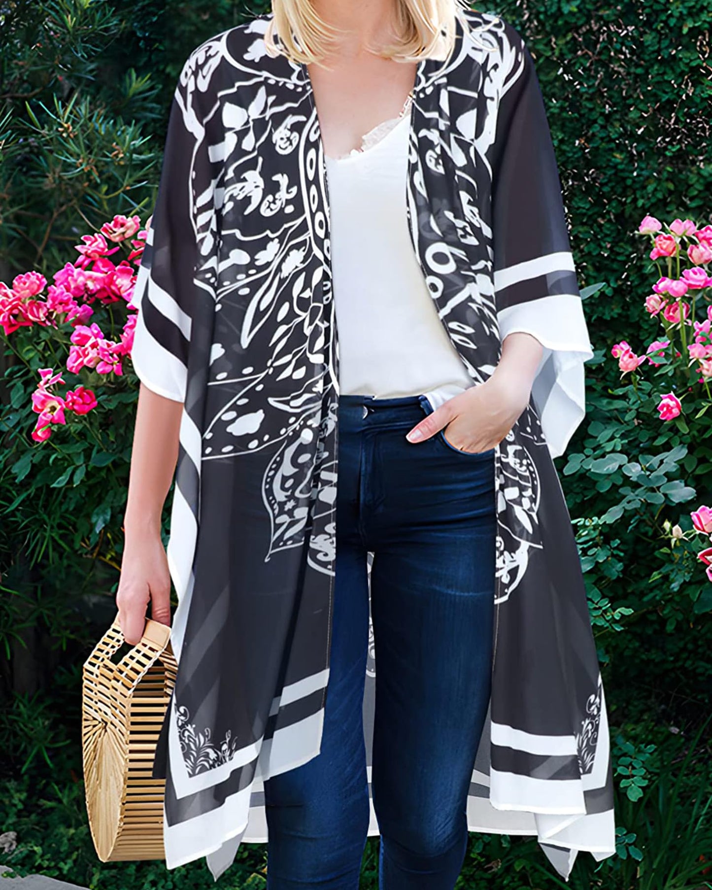 Summer Tops for Women Kimono Cardigans Plus Size Boho Bathing Suit Coverups(08-Black Boho,S)