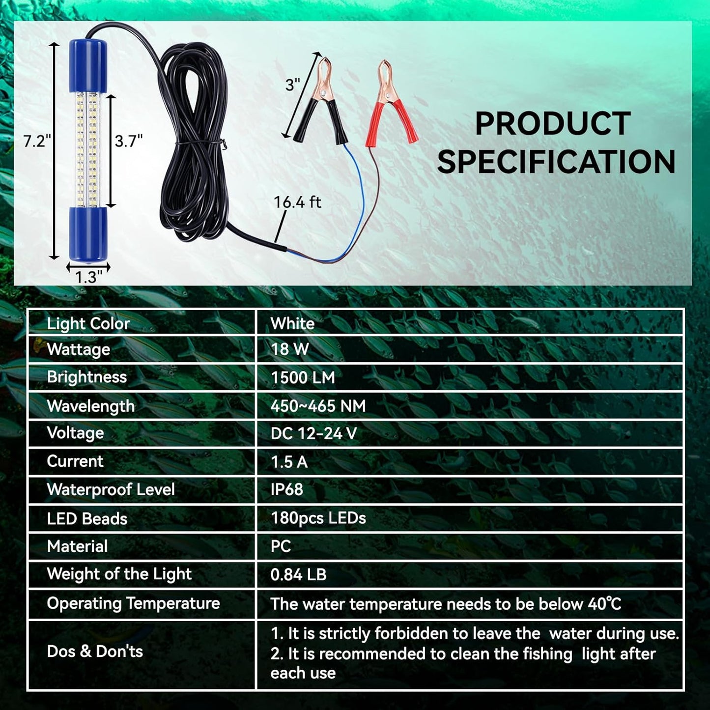 18W Underwater Fishing Light, IP68 Waterproof DC 12-24V LED Fish Bait Light Submersible Finder Attractants Lamp for Crappie Shrimp Squid Catfish + Battery Clamps, 16.4ft Cable Green/Blue/White Light