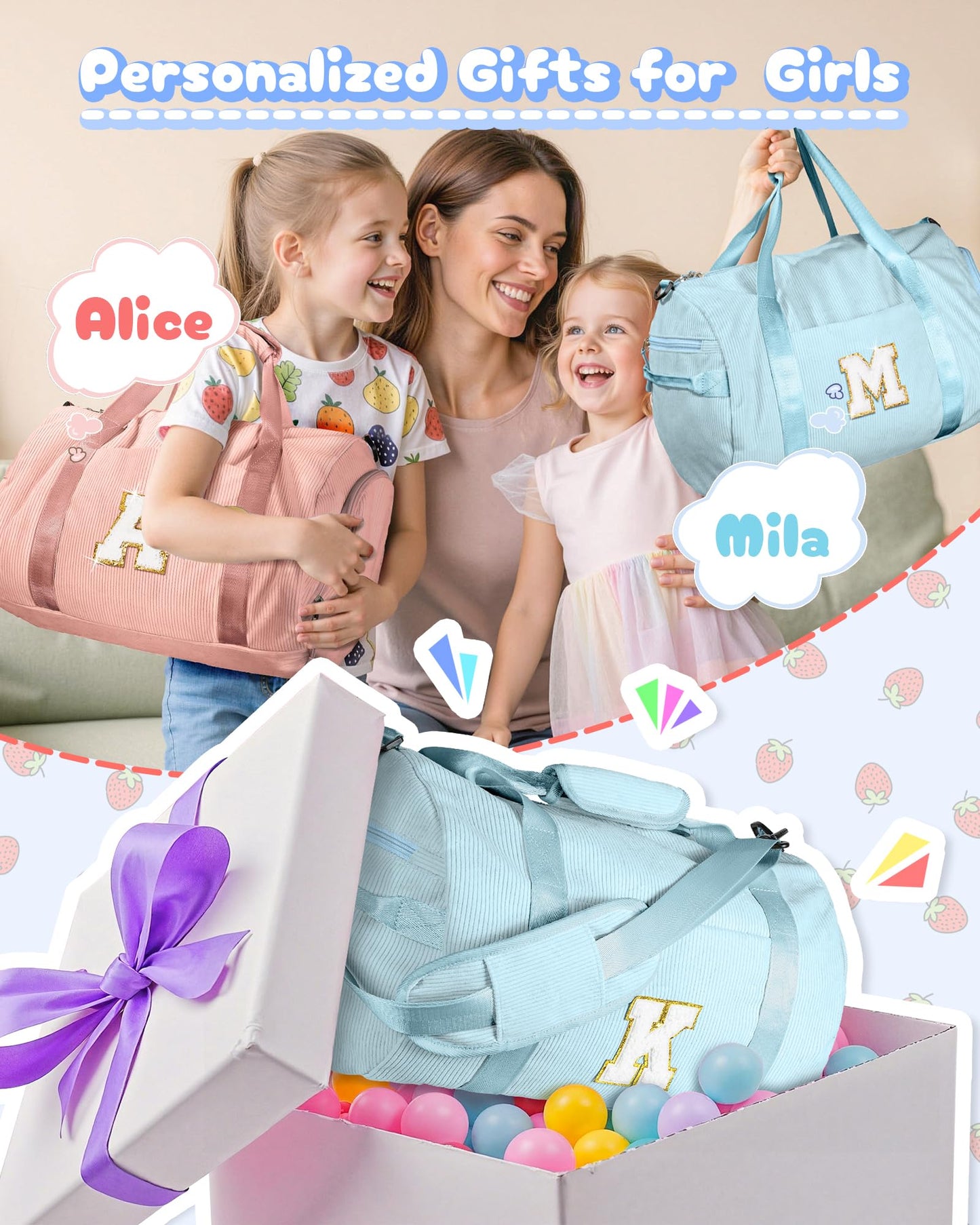 Vogewood Teenage Girl Gift Ideas, Girls Gym Bag, Kids Personalized Dance Bags with Shoe Compartment, Customized Travel Duffle with Toiletry Bag, Vacation Essentials for Kids (Letter V)