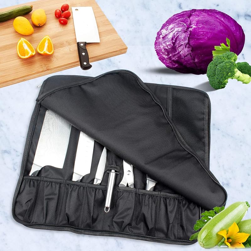 Large Capacity Knife Roll Bag with Handle & Shoulder Strap – 15 Slots Chef Knife Case