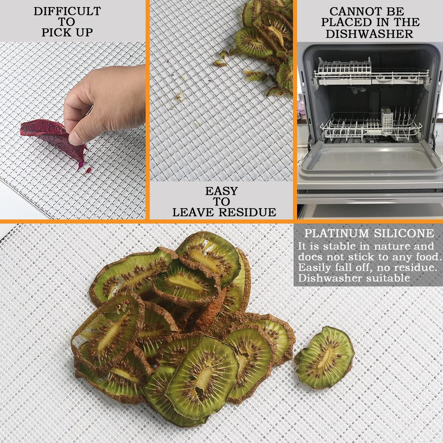 Kispog Silicone Dehydrator Sheets for Excalibur: Stop Dried Food Sticking to Tray - Save 60 Minutes Cleaning - Easy Lift-Off & Intact Food - BPA-Free Tray Liners for Fruit Jerky Herbs - 14x14 10-Pack