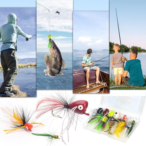 Ansnbo 12 pcs Fly Fishing Popper Flies, Fly Popper Lures Bass Panfish Bluegill Crappie Popping Bug Sunfish Trout Salmon Poppers Flys Kit for Flys Fishing