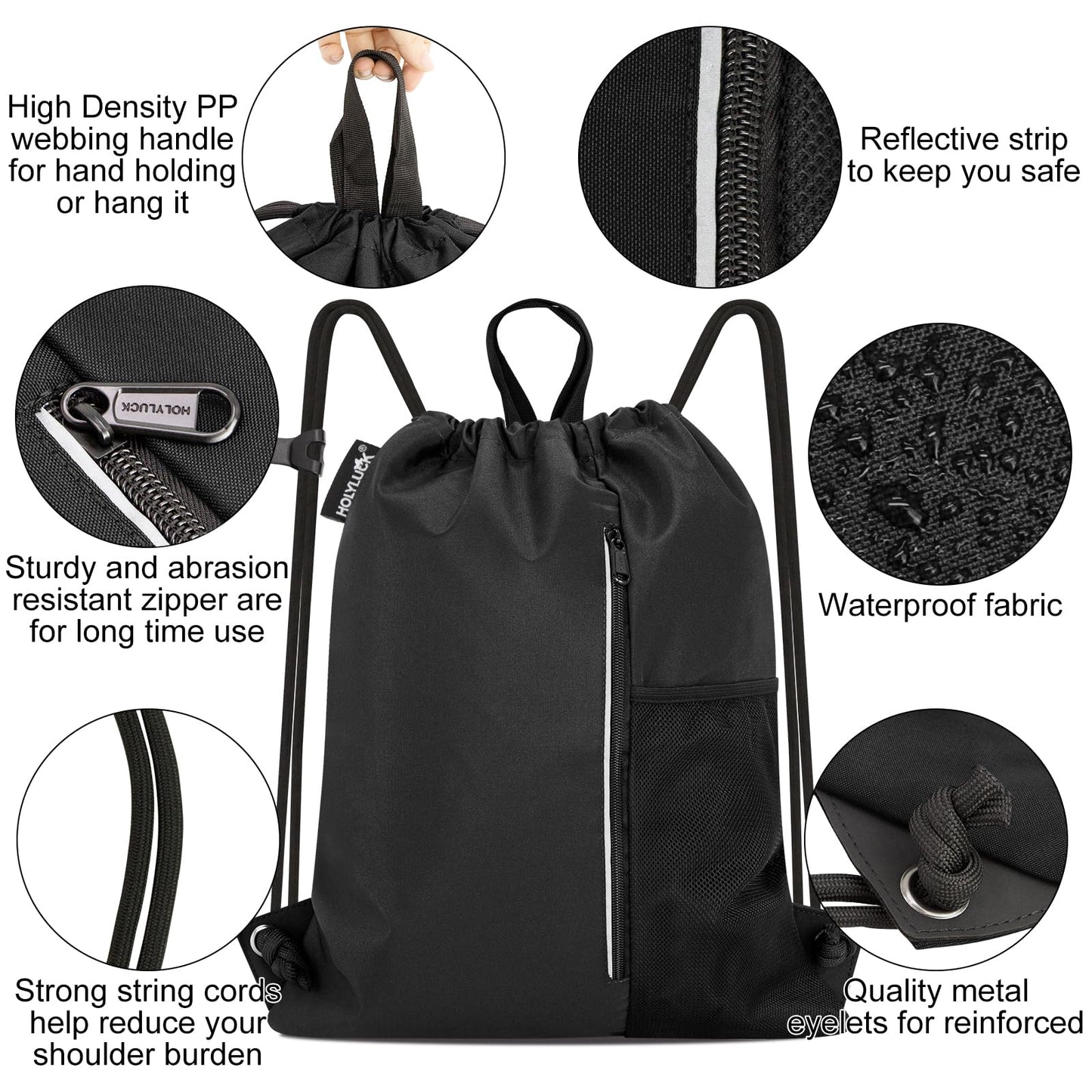 HOLYLUCK Men & Women Outdoor Sport Gym Sack Waterproof Drawstring Backpack Bag (Drawstring With Side Mesh Pocket, Black)