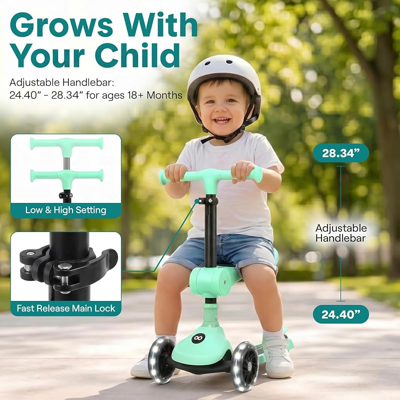 SereneLife 3-Wheel Kids Scooter with Seat, LED Wheels – Mint Green