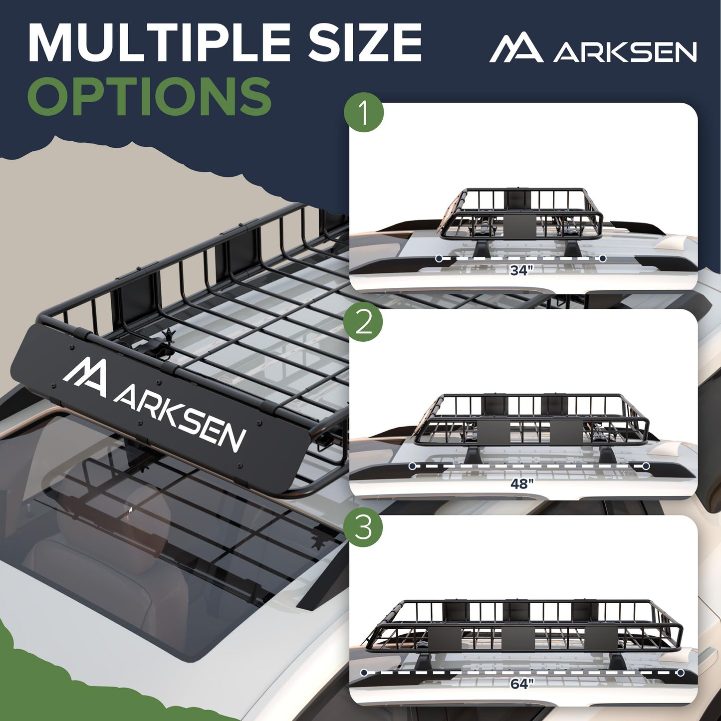 ARKSEN 64" x 34" x 6" Roof Rack Cargo Basket with Extension, 150 LBS Universal Heavy Duty Steel Rooftop Carrier for SUV, Truck, RV, Pickup