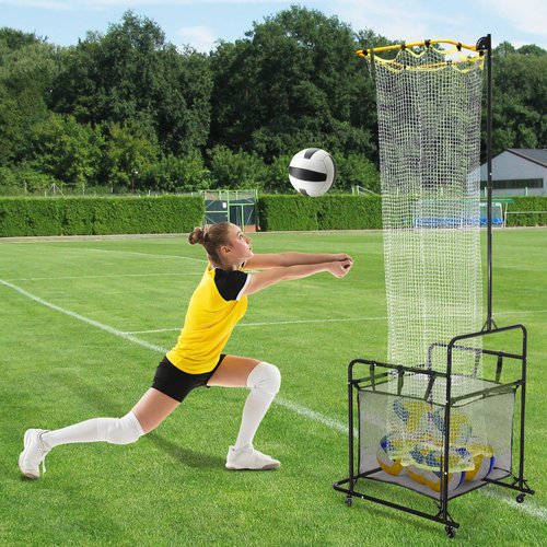 Volleyball Training Equipment Portable Practice Net Equipment with Wheels and Ball Collection Bag Sturdy Base Volleyball Spike Trainer with 5 Height and Angle Adjustments