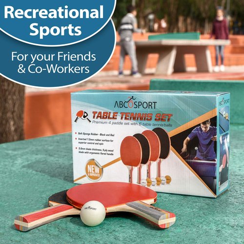 Abco Tech Ping-Pong Paddles and Balls Set - Professional, Recreational Table Tennis Paddles Set - Includes 4 Rackets with Flared Handles with 6 Balls - Black and Red Rubber for Optimal Spin Control