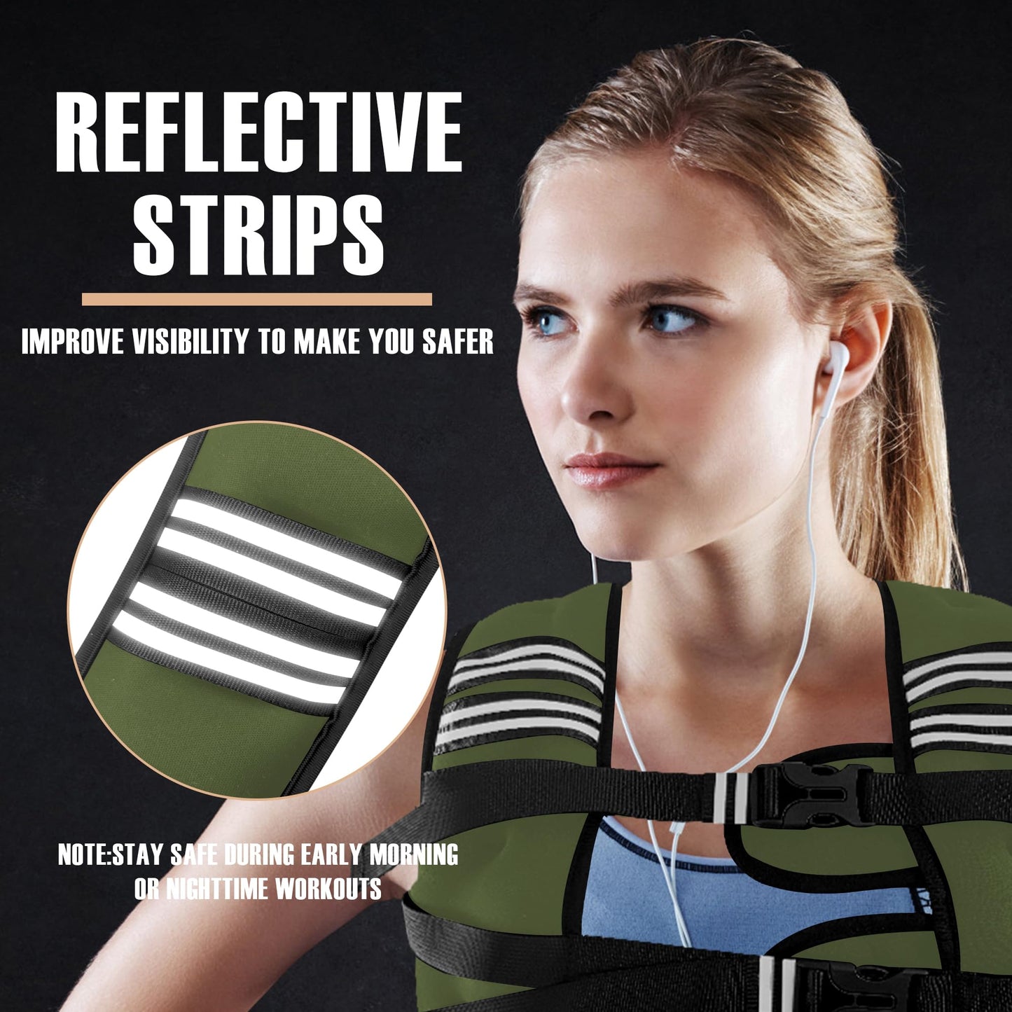 NATURELUX Weighted Vest with Reflective Stripe and Adjustable Buckle Straps, Army Green, 25 lbs