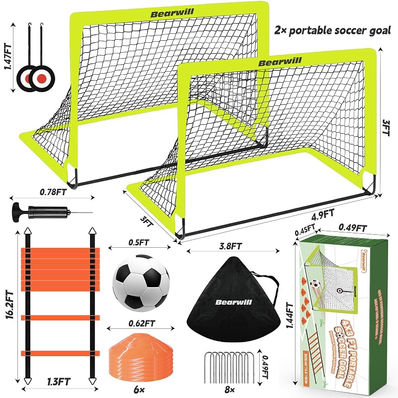 Bearwill Fluorescent Green 4x3ft Kids Soccer Goal Set of 2 – Foldable Backyard Goals
