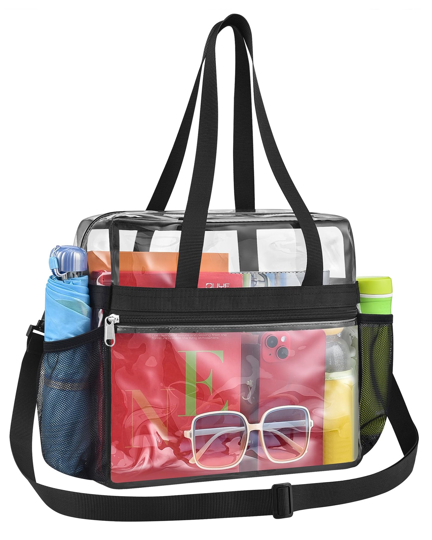 Paxiland Clear Bag for Stadium Events 12x6x12, Large Clear Tote Lunch Bag Stadium Approved with Detachable Reinforced Shoulder Straps for Concert and Festival, Transparent Handbag for men - Black