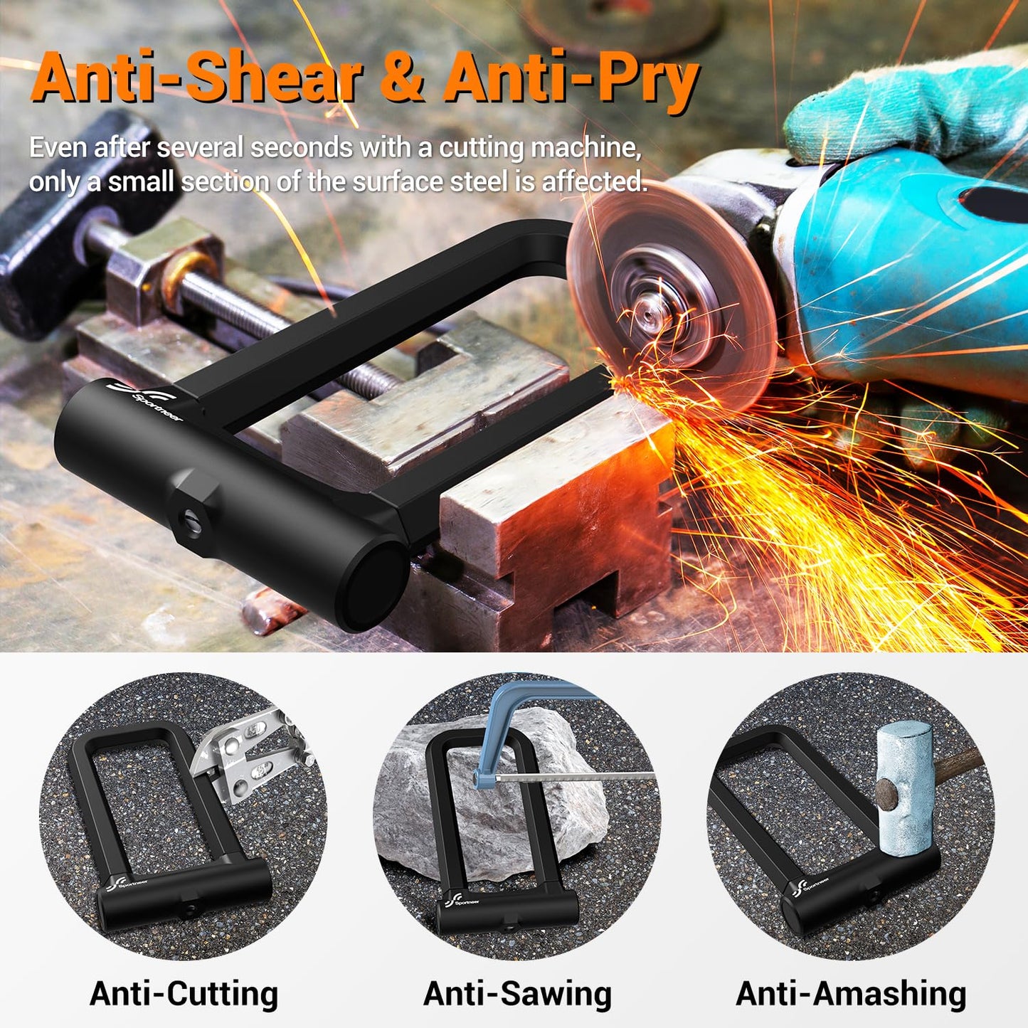 Sportneer Bicycle Lock: 18mm Heavy Duty Anti Theft Bike U Lock with 5ft Security Steel Cable - Shackle Bike Locks with 3 Keys & Mounting Bracket for Road Mountain Electric Bike, Size 8.58'' x 4.85''