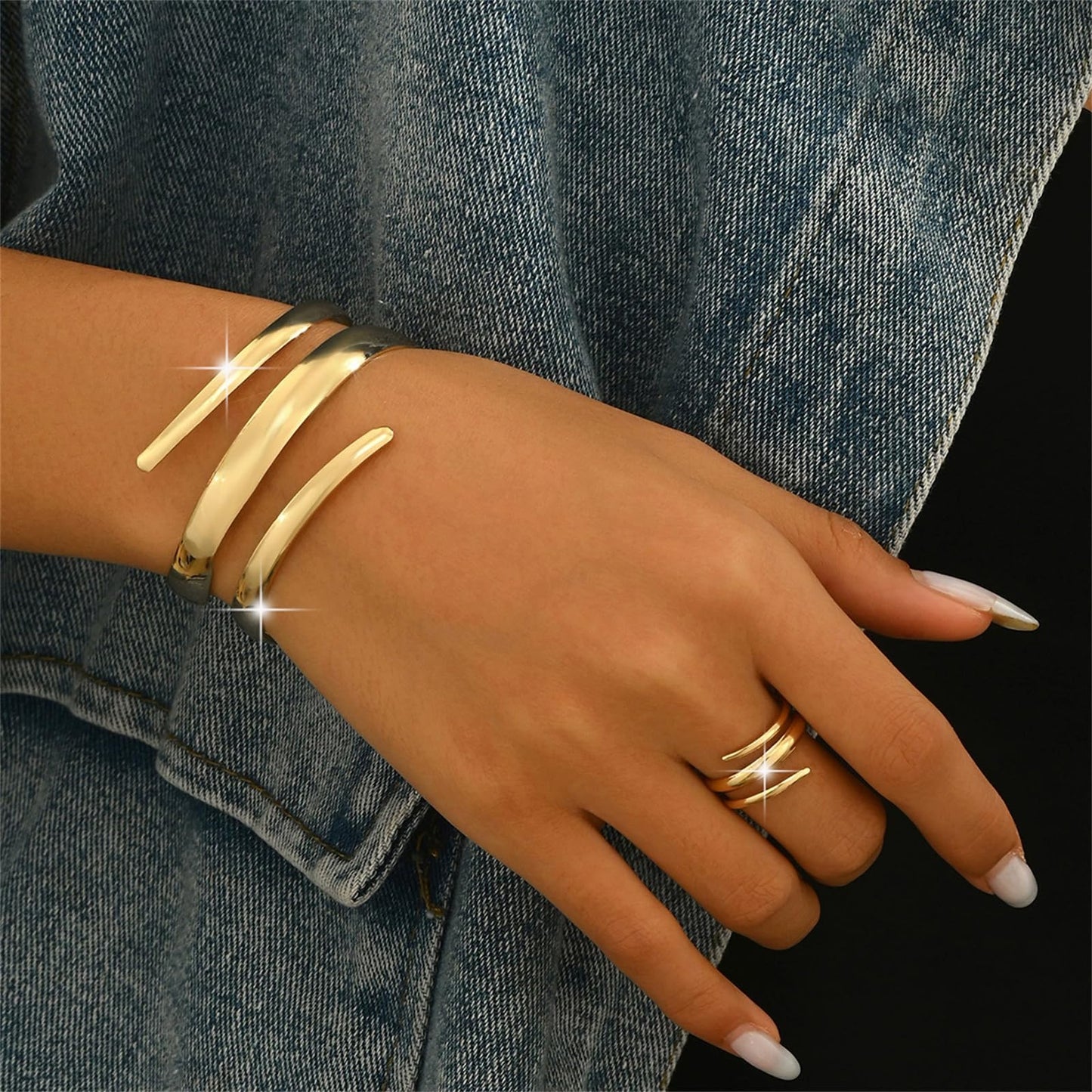 Annpro Chunky Cuff Bracelet with Ring Jewelry Set for Women Minimalist Wide Open Bracelet Simple Punk Snake Wrist Cuff Trendy Statement Jewelry (Style-C)