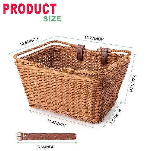 Bike Basket - Durable Front Bicycle Bike Baskets - Handmade Woven Wicker Bike Basket with Adjustable Leather Straps (New Brown)