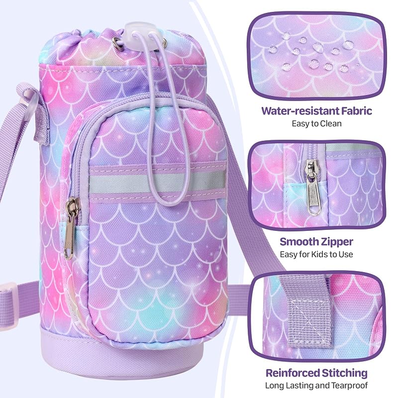 Water Bottle Holder for Kids - Adjustable Strap Carrier with Mermaid Purple Variation