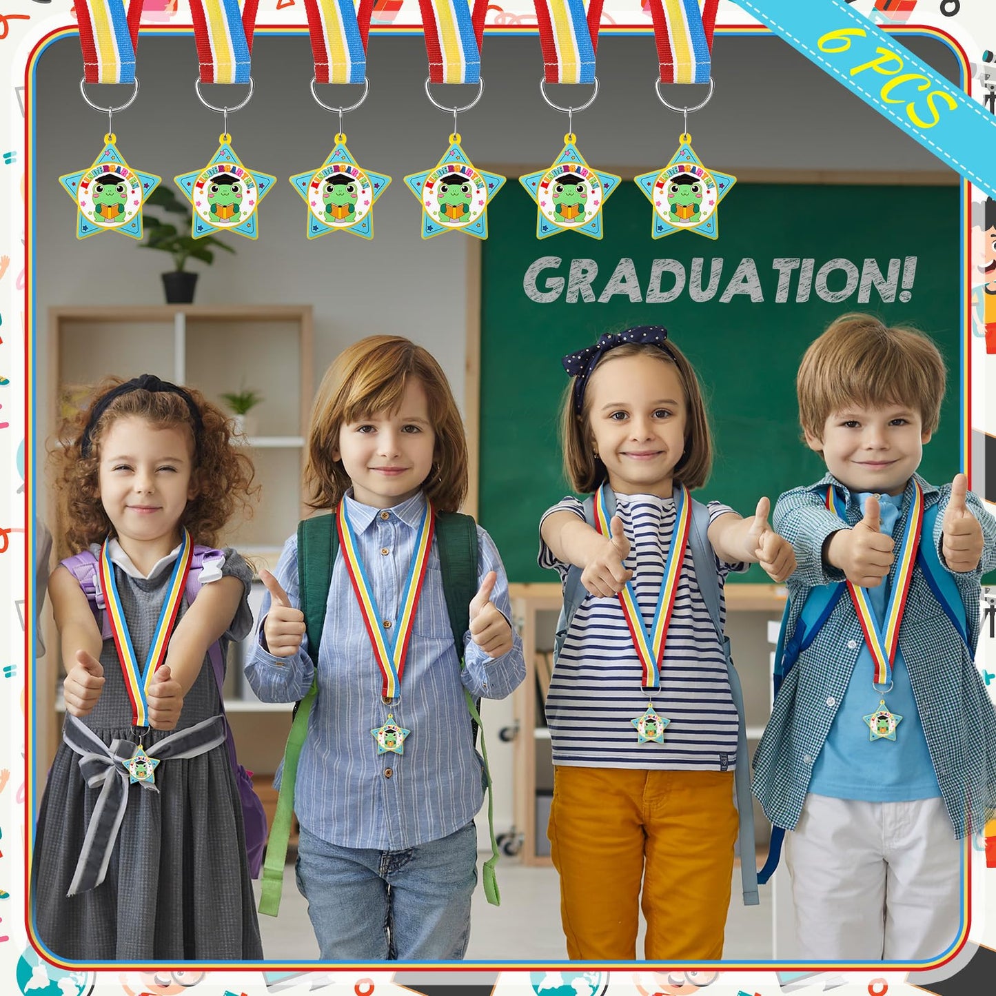 Landical 6 Pcs Preschool Pre-k Graduation Medal for Kids Bulk with Rainbow Neck Ribbon Kindergarten Grad Award Medals for School Students Grad Gifts Party Decorations(Frog)