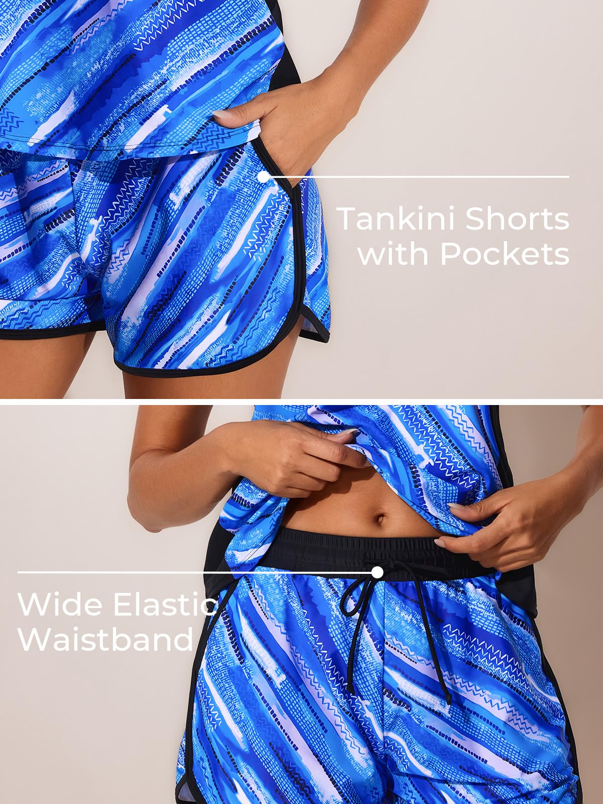 Summer Mae Blouson Tankini Swimsuits for Women 2026 Tummy Control Two Piece Bathing Suits with Sporty Pockets Swim Shorts Blue Ocean Ripples Size 6