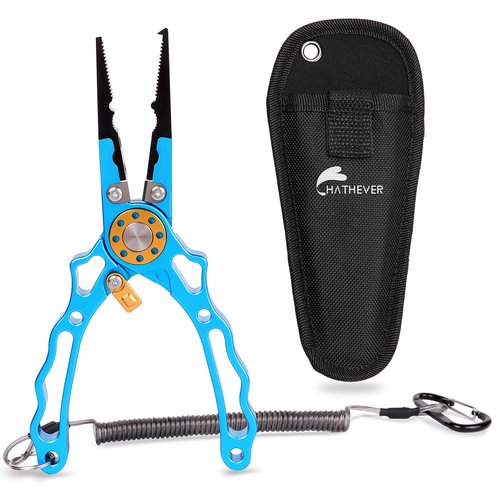 Hathever Fishing Pliers Saltwater, Split Ring Pliers Hook Remover with Safety Lock, Fishing Tools with Sheath and Lanyard, Fishing Gifts for Men