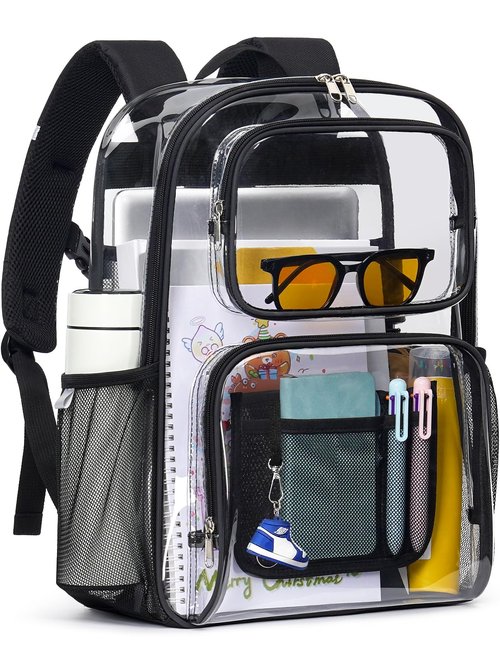 Flowston Clear Backpack Heavy Duty, 17 Inch Large TPU Clear Bookbag for Women Men Boys Girls, See Through Book Bag Transparent Backpack With All-Around Reflective Strips for College Work Travel,Black