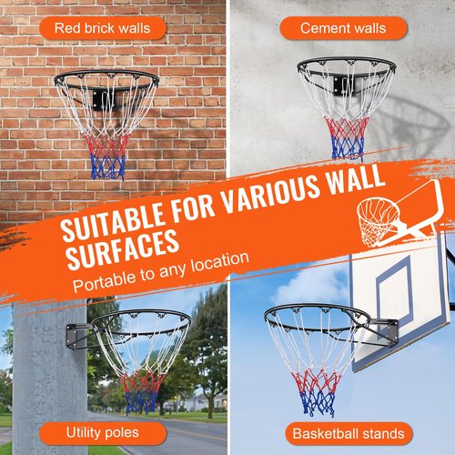VEVOR Basketball Rim, Wall Door Mounted Basketball Hoop, Heavy Duty Q235 Basketball Flex Rim Goal Replacement with Net, Standard 18" Indoor and Outdoor Hanging Basketball Hoop