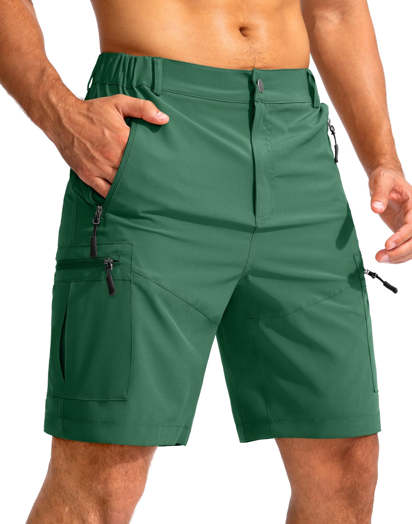 Pudolla Men's Hiking Cargo Shorts 9" Lightweight Outdoor Work Shorts for Men Travel Golf Camping Casual with 5 Zipper Pockets(Green Medium)