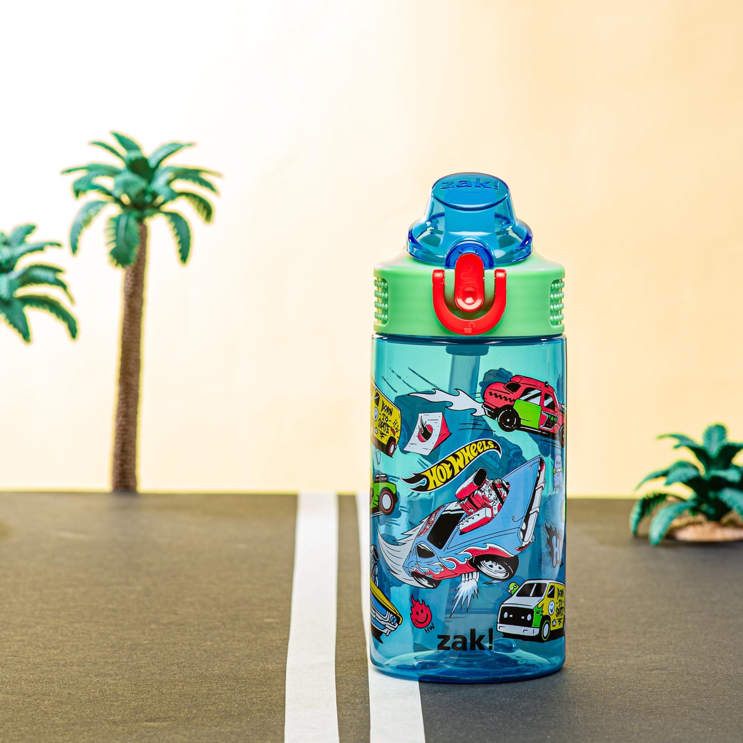 Zak Designs Mattel Hot Wheels Sage Kids Water Bottle For School or Travel, 16oz Durable Plastic Water Bottle With Straw, Handle, and Leak-Proof, Pop-Up Spout Cover (Hot Wheels)
