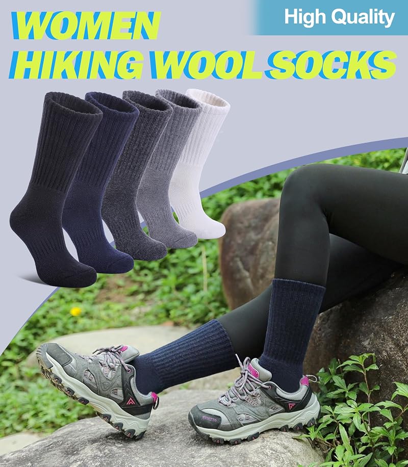 DYW Merino Wool Hiking Socks 5 Pairs - Thermal Warm Crew Socks, Cushion, Medium & Large (Solid Colors)