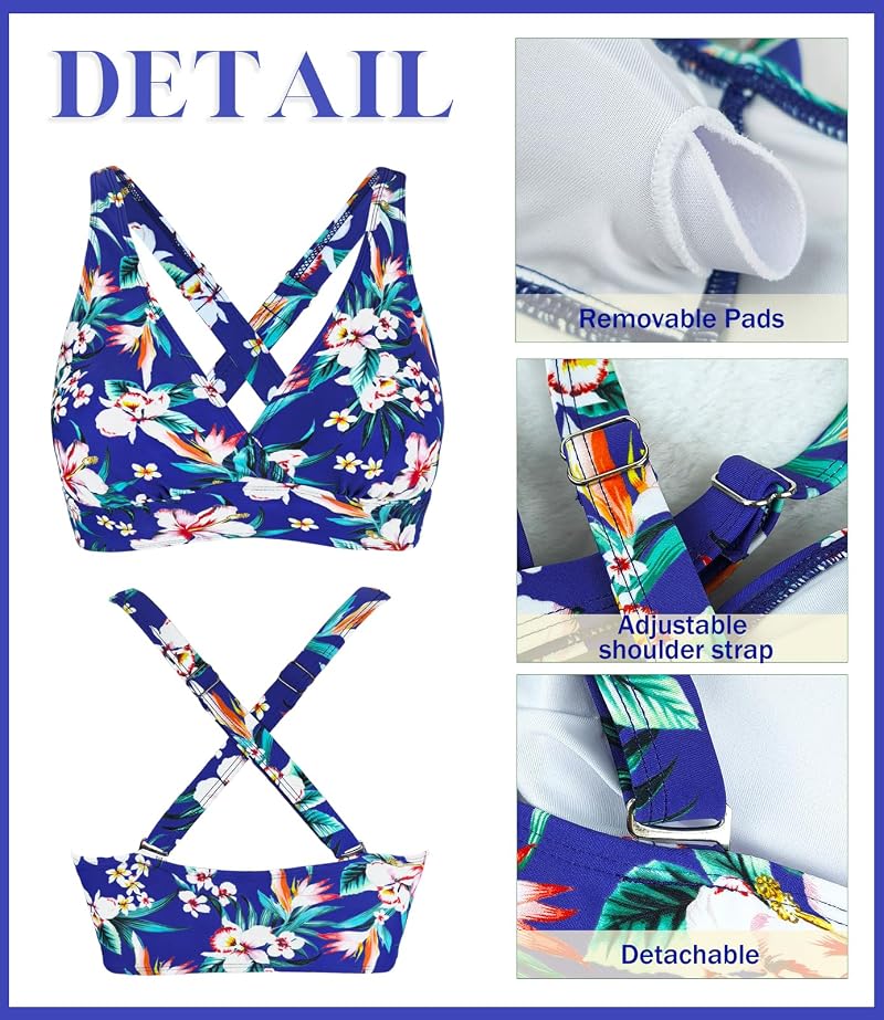 Blue Floral Sporty Bikini Top for Large Bust - Removable Pads, Crisscross Straps