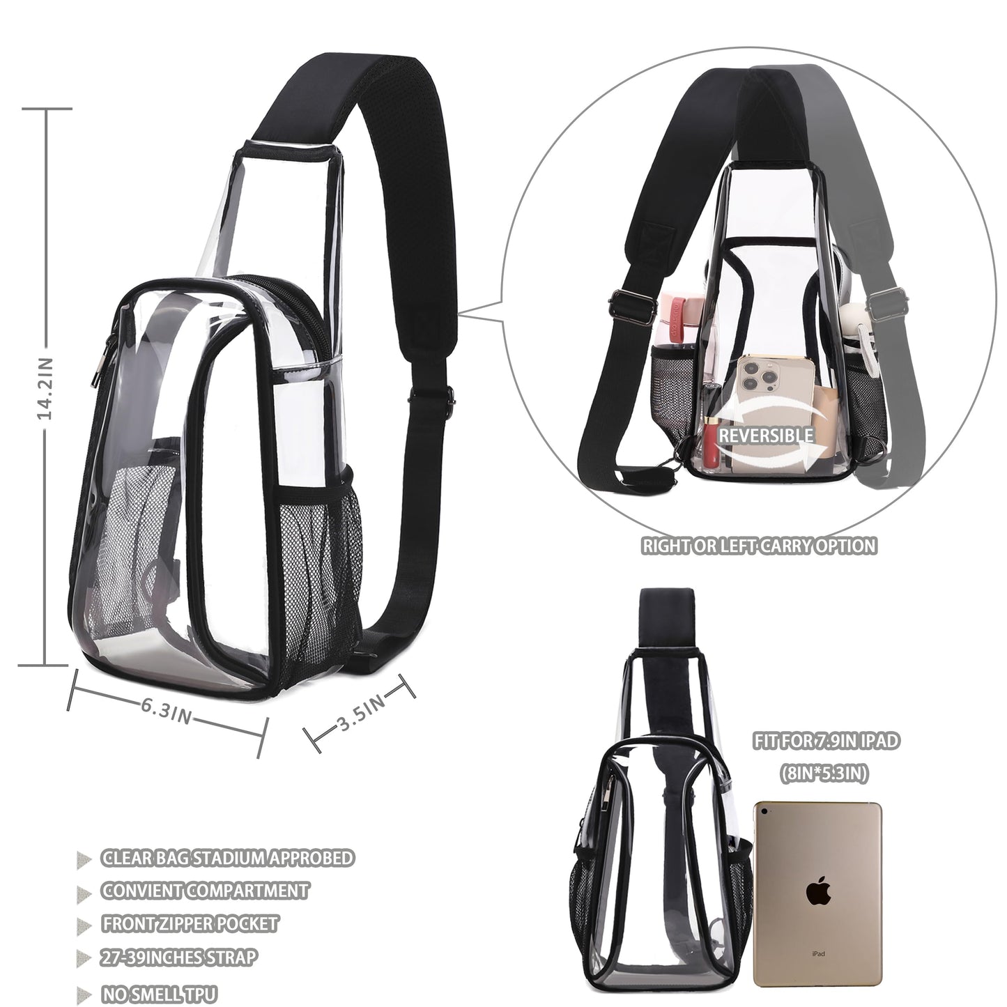 Caoroky knight clear bag for stadium events approved crossbody bags transparent TPU sling shoulder purse casual chest pack heavy duty clear backpack for men women-Black