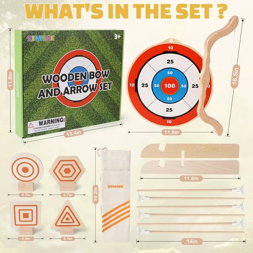YIMORE Kids Bow and Arrow Set - Wooden Bow and Arrow for Kids 4-6 with 6 Arrows, 4 Targets, 1 Cotton Quiver, Indoor and Outdoor Archery Bow Gift Toys for Children Boys & Girls Ages 3-12