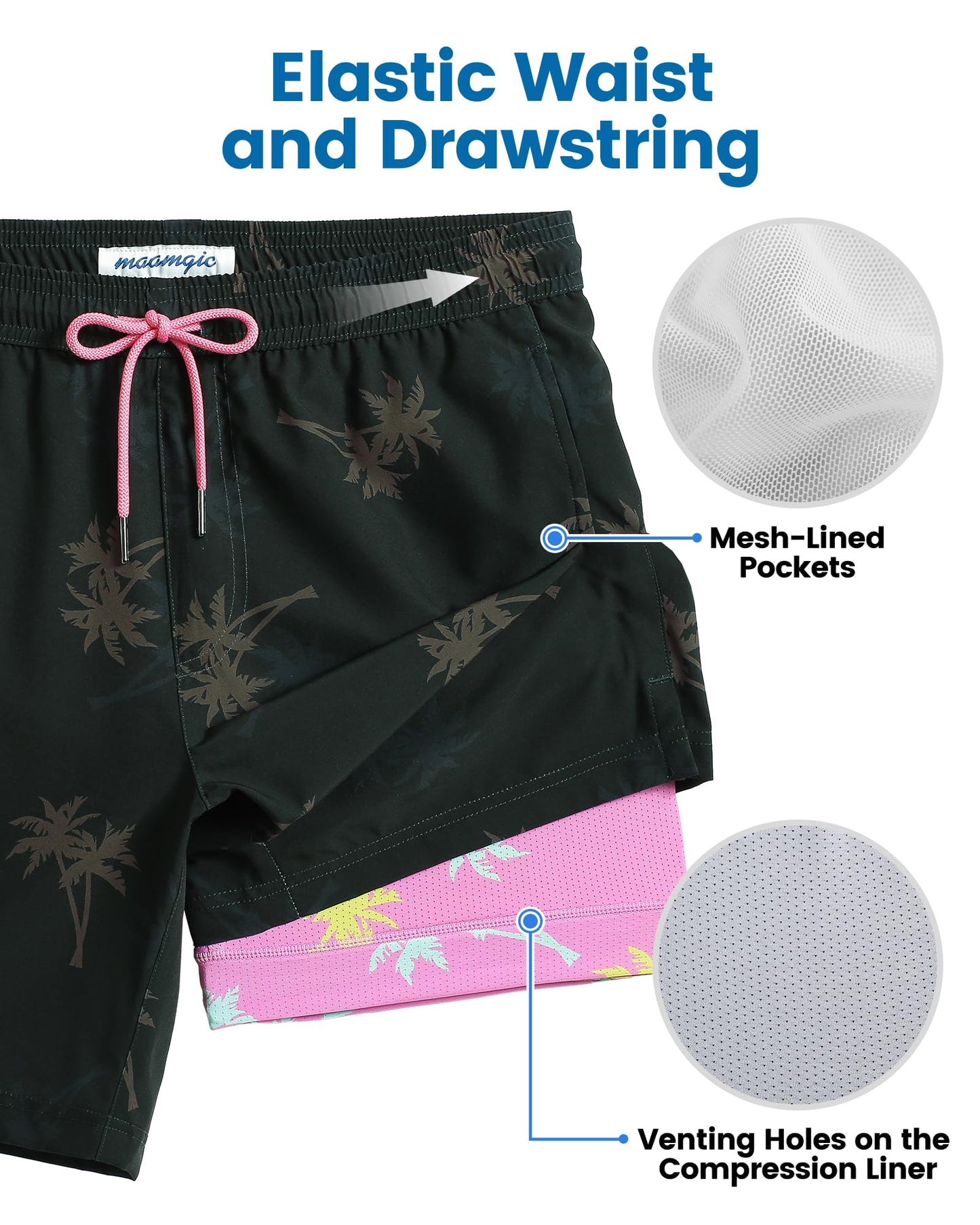 maamgic Mens Swim Trunks with Compression Liner 7 Inch Inseam Mens Bathing Suit Quick Dry Swimming Trunks Swimsuit Palmtree Black Pink Medium