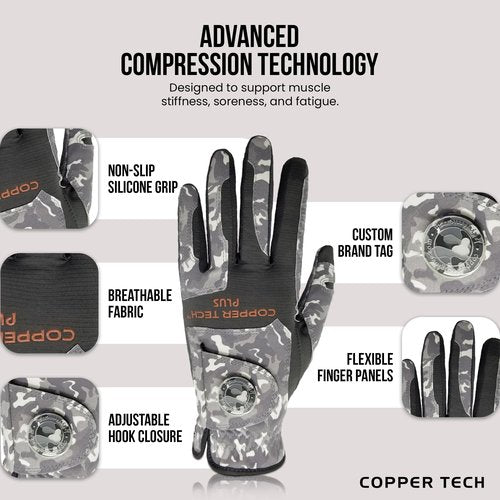 Copper Tech Plus Men's Left for Right Handed Golfers Golf Glove – Advanced Compression for Muscle Support, Joint Relief Gloves – Camo, 1 Pack, One Size Fits Most