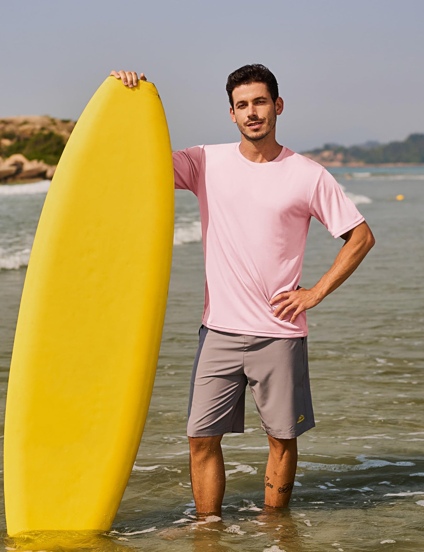TACVASEN Men's Athletic Shirts Swim Short Sleeve Mens Workout Shirts Quick Dry Fit Running Performance Sun Protection UPF 50+ T-Shirt Light Pink 2XL
