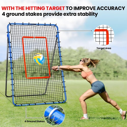 FITPLAY 7x4FT Volleyball Rebounder Net, 5-Angle Adjustable Volleyball Bounce Back Training Equipment with Steel Frame & PE Net for Volleying,Spiking,Bumping,Includes Ground Stakes & Carry Bag