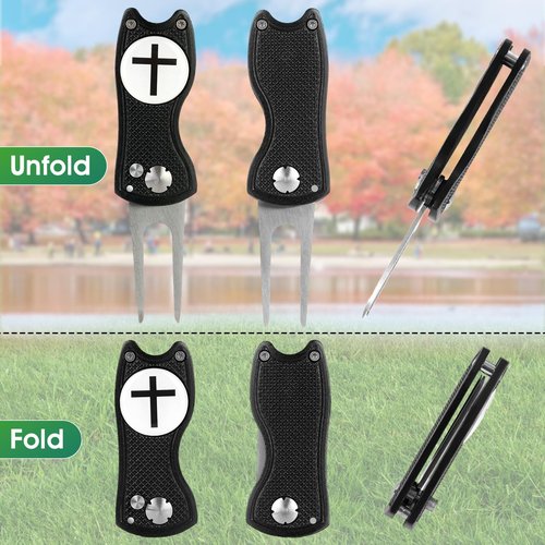 Golf Divot Repair Tool with Magnetic Ball Marker - Stainless Steel Foldable Divot Tool & Golf Divot Tool Featuring Cross Design for Faith-Based Golfers | Perfect for Greens Repair & Swing Training