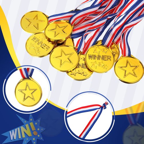 Sotiff 100 Pcs Kids Plastic Winner Award Medals Gold Winner Medals for Parties, Games, Sports, Dress up and More, 1.4 x 1.7 Inches