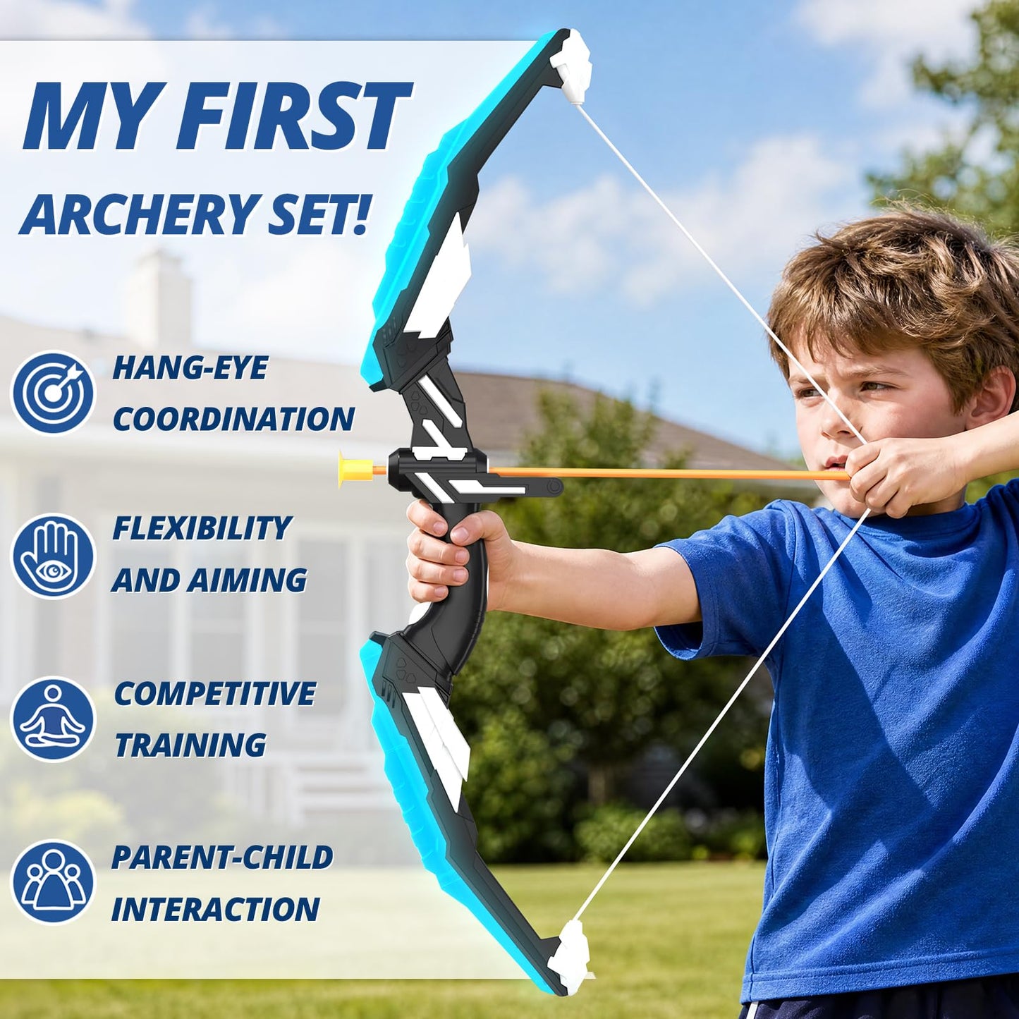 HYES Bow and Arrow for Kids, LED Light Up Archery Set with 12 Suction Cup Arrows, 1 Standing Target, 3 Score Targets & 1 Quiver, Indoor Outdoor Sport Gifts for Boys Girls Ages 4-12, Blue