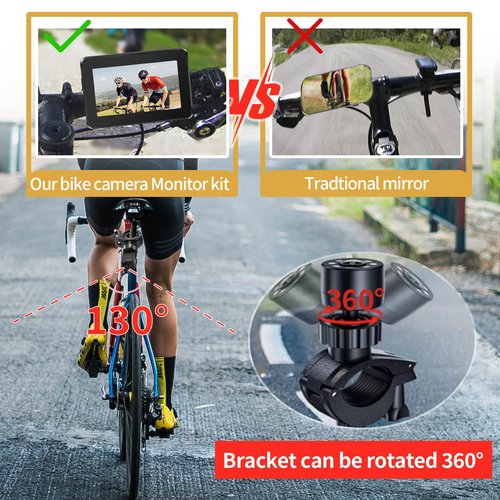 PTAVLO 1080P Bike Rear View Camera with 4.3’’ HD Monitor - IP67 Waterproof, 5-6 Hr Battery, 130°Wide Angle, Night Vision, Tool-Free Bar-End Mount (22.2 mm-31.8 mm)
