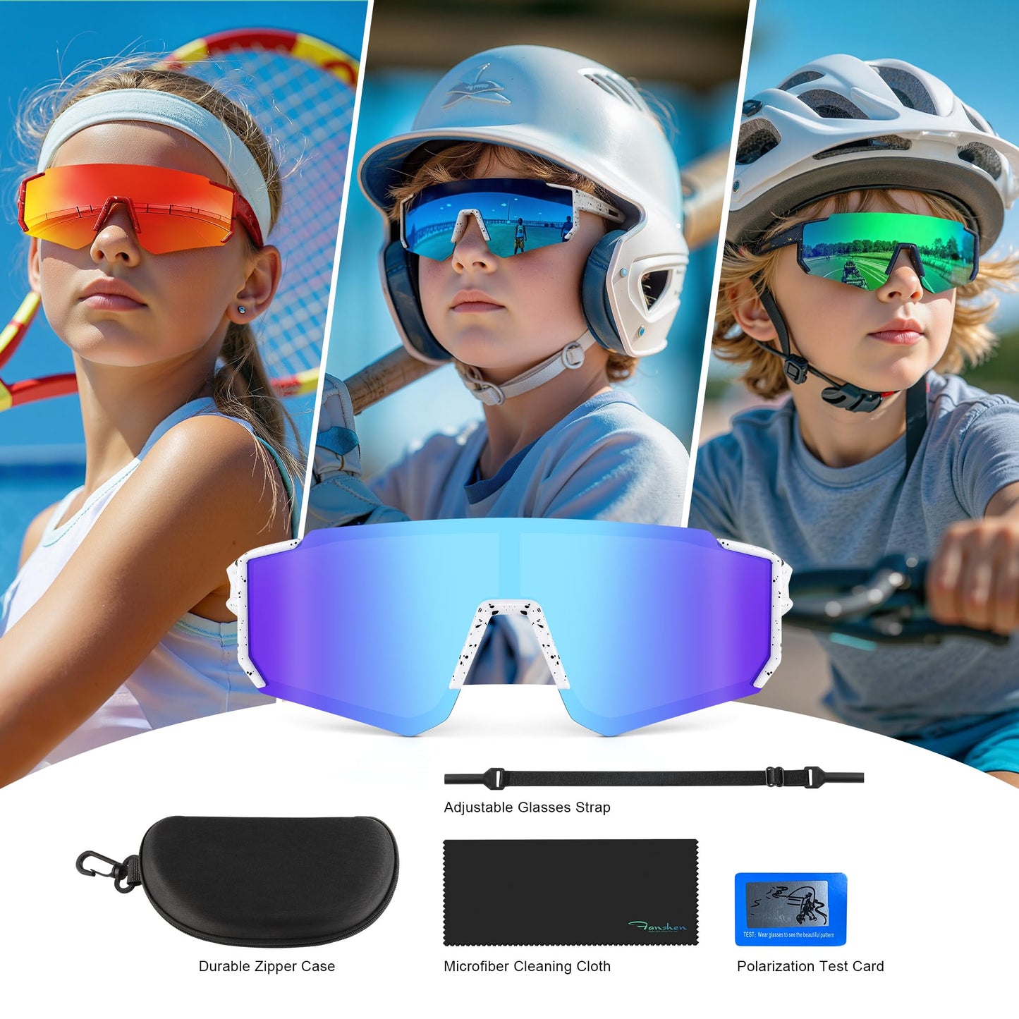 Fanshen Kids Baseball Sunglasses for Boys Girls Ages 3-12, Sports Polarized Youth Baseball Softball Sunglasses UV Protection(Green/Green)
